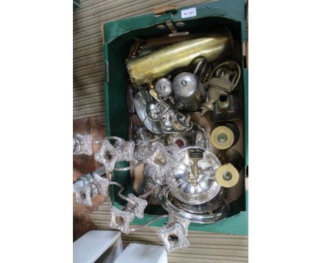 A BOX CONTAINING A SELECTION OF DOMESTIC METALWARES the majority silver plated and for the table top 