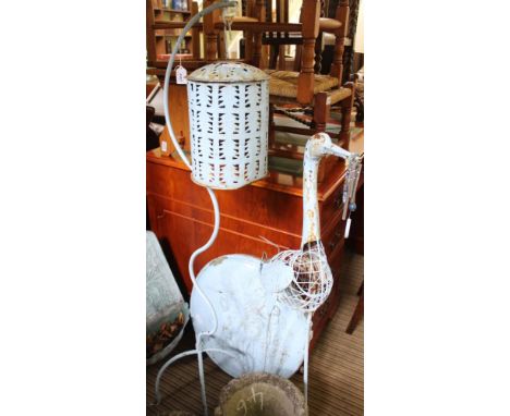 A LIGHT BLUE PAINTED GARDEN LANTERN together with a decorative painted metal Stork 