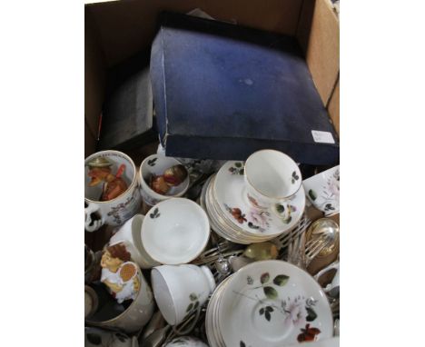 A BOX CONTAINING A ROYAL GRAFTON MISTY MORN PATTERNED PART TEA SERVICE, a selection of cutlery, carved bottle stoppers, etc. 