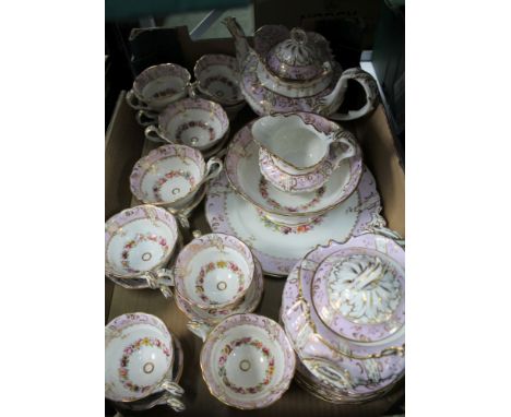 A 19TH CENTURY FLORAL BANDED PART TEA SERVICE in the manner of Coalport or Ridgeways &amp; having fraction mark painted to th