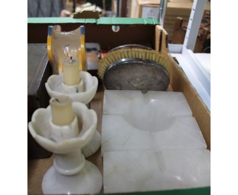 A BOX CONTAINING GENTLEMAN'S COLLECTABLES to include a pair of hallmarked silver brushes, 19th century tea caddy, Mappin &amp