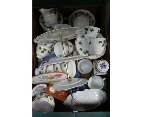 A BOX CONTAINING A COLCLOUGH CHINA PART TEA SERVICE decorated with ivy, together with sundry other domestic items 