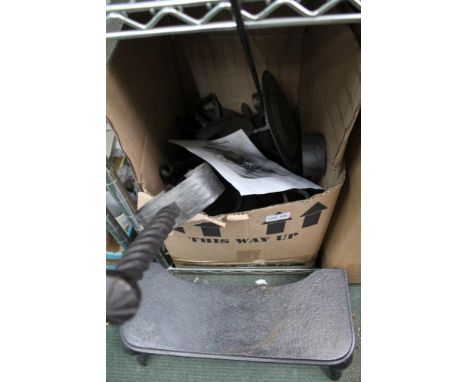 A BOX CONTAINING A LARGE SELECTION OF DOMESTIC METALWARES, the majority iron tools etc. 