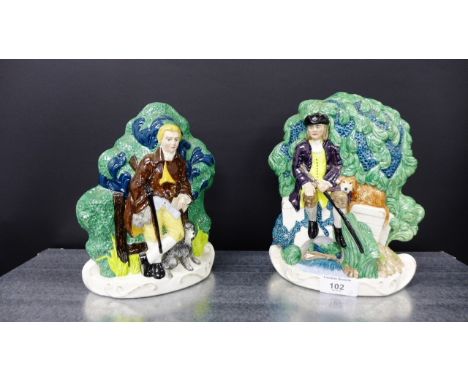 Two contemporary Masons flatback hunting groups, each on demi lune base, tallest 22cm high
