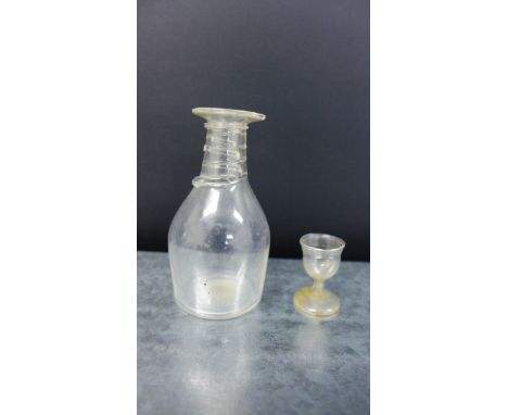 Miniature glass triple ring neck decanter and wine glass, tallest 8cm high 