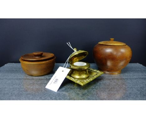 Two Betula wooden pots with covers together with small brass inkwell with ceramic liner, (3) 