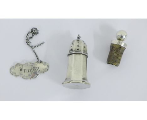 Victorian silver Brandy decanter label, a silver topped and cork bottle stopper and a silver octagonal pepper pot, all with B