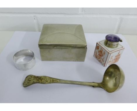 A mixed lot to include a London silver napkin ring, silver plated trinket box and sauce ladle, porcelain painted trinket box,