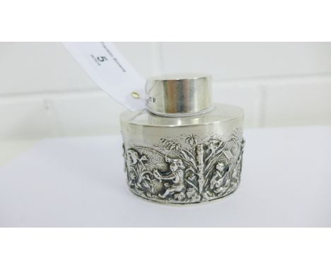 George V silver tea caddy embossed with chinoiserie figures to the oval body, complete with circular top, makers mark for TH 