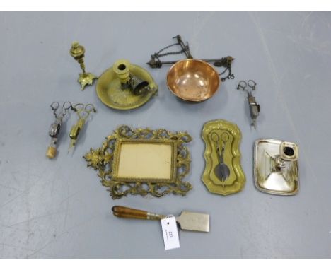 A mixed lot to include a copper scales, hair crimper, Epns and brass wares, papier mache tray and a ceramic inhaler, etc (a l