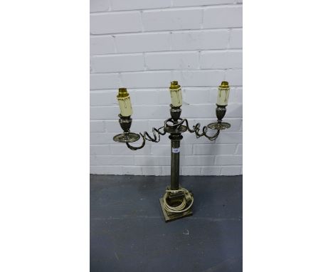 Vintage three branch electric candelabrum lamp base, 62cm high 