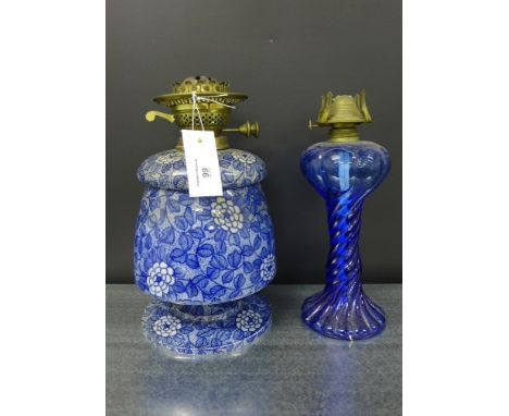 19th century Doulton's  blue and white pottery oil lamp, together with a blue spiral glass oil lamp base (2) 30cm high