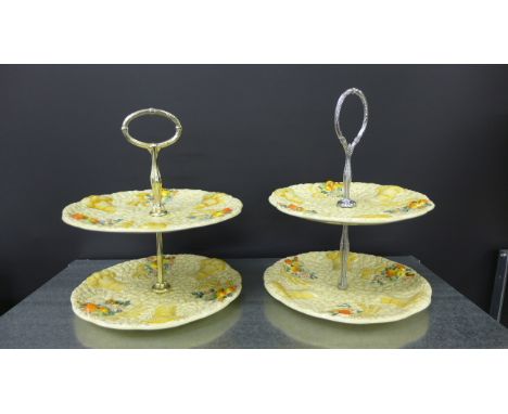 A pair of Clarice Cliff Celtic Harvest patterned two tiered cake stands (2) 28cm high 
