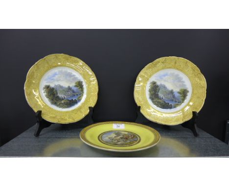 F & R Pratt & Co plate with cattle girl and ruins pattern to centre to a yellow ground together with a pair of 19th century E