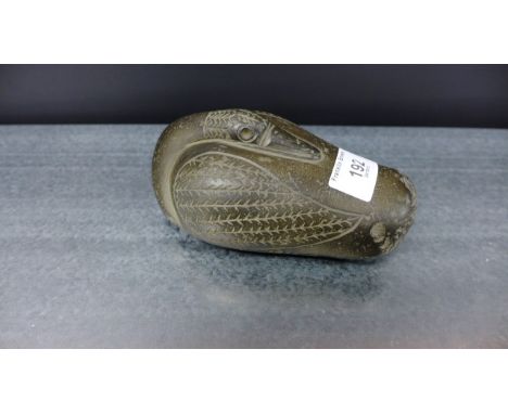 Carved hardstone duck figure bearing a small plaque to base marked 'R', 16cm long 