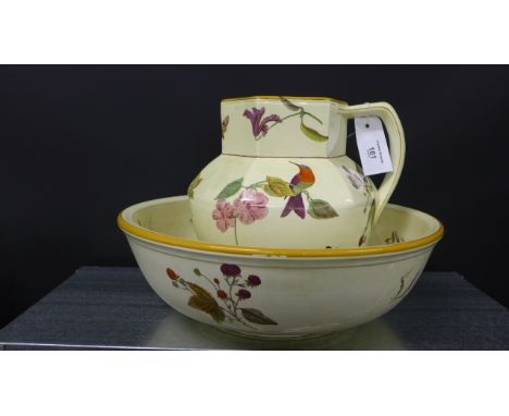19th century Wedgwood butterfly and humming bird pattern wash set comprising basin, jug and three dishes (a lot) 