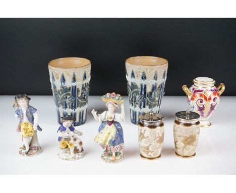 Group of mixed ceramics to include a pair of late 19th Century Doulton Lambeth tapering vases with relied beaded decoration, 