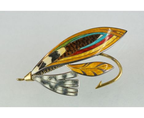 A fully hallmarked sterling silver and enamel brooch in the form of a fishing fly. 
