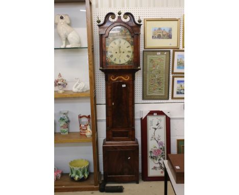 19th century Scottish Mahogany and Inlaid 8 day Longcase Clock, the arched face painted with scenes of figures representing B