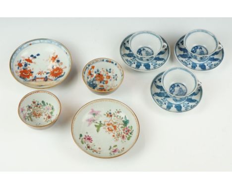 Two 18th / 19th century Chinese Tea Bowls and Saucers, one in the Famille Rose palette and the other in the Imari pallette to