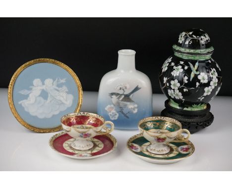 Group of mixed ceramics to include a Royal Copenhagen bottle vase, no. 4878, decorated with a Sparrow amongst cherry blossom,