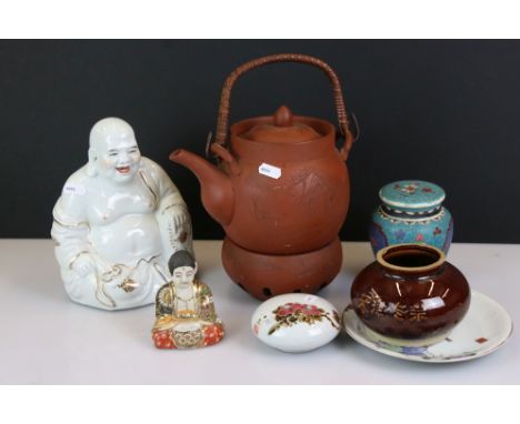 Group of Oriental ceramics to include an earthenware cloisonné jar and cover with butterfly and floral decoration on a blue g