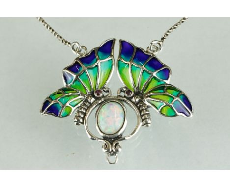 Silver plique-a-jour butterfly necklace with central opal panel and pearl drop 