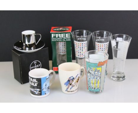 Boxed Damien Hirst Anamorphic Cup and Saucer together with 4 Damien Hirst ltd edn Beck's drinking glasses with polka dot deco