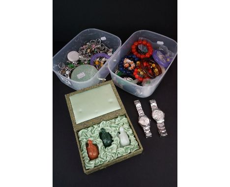 A collection of mainly contemporary costume jewellery together with watches and compact. 