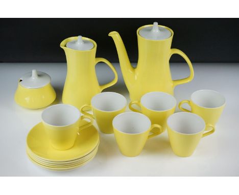 Poole Pottery bright yellow coffee service to include a coffee pot &amp; cover, hot water jug, 6 tall coffee cups &amp; sauce