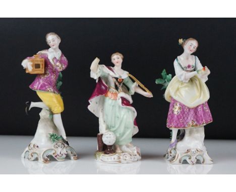 Two 18th Century Chelsea Porcelain figures to include an 18th century gentleman holding a pigeon box and a lady releasing a b