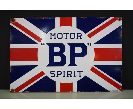 " BP " Motor Spirit Union Jack enamel sign, made by Bruton Palmers Green N., approx 60cm wide x 40cm high