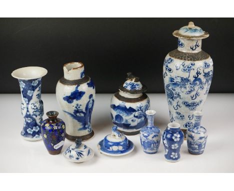 Collection of Chinese Ceramics including Gu Shaped Blue and White Vases with four Kangxi marks to base, 15cm high, Blue and W