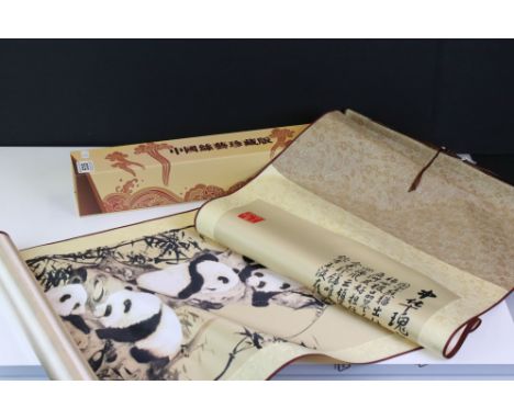 Oriental School, a Chinese scroll picture of panda bears, in presentation box 