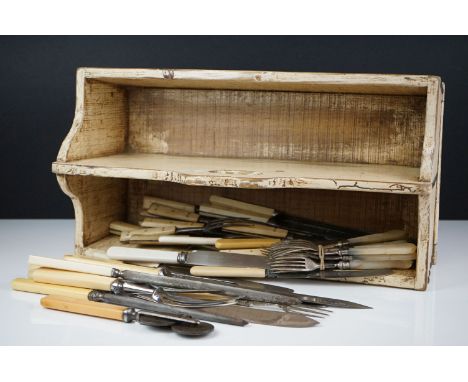 Vintage painted pine cutlery box with contents 