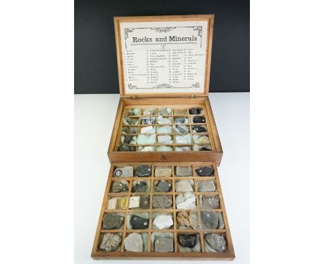 A vintage collection of rocks and minerals contained within a Wooden case. 