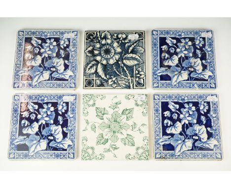 Group of six Victorian floral design ceramic tiles, comprising a set of four &amp; two others, one inscribed 