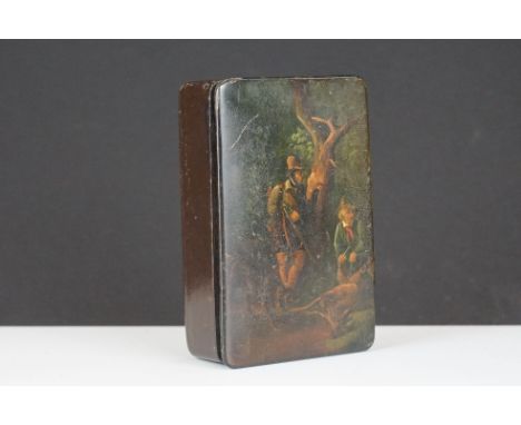 An antique snuff box with decorative hand painted lid of a hunting scene. 