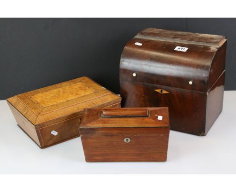 19th century Mahogany Sarcophagus Tea Caddy together with 19th century Mahogany Sarcophagus Shaped Sewing Box and 19th centur