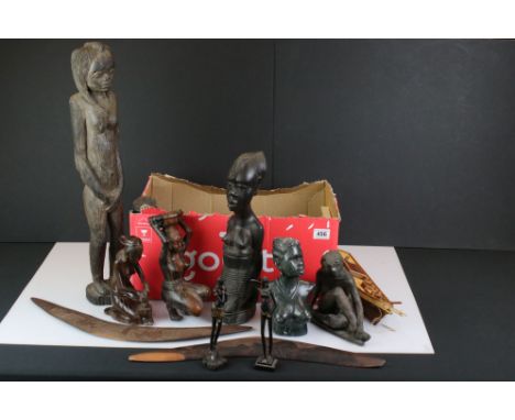 Collection of mainly Ethnic Carved Figures including Wooden and Stone plus Two Aboriginal Boomerangs and a Wooden Model Boat 