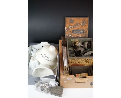 Kitchenalia - Victorian W. Reeves Brass Cased Thermometer, Two White Ceramic Jelly Moulds, Baking Tins and Trays, Peek Freans