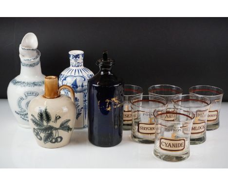 Group of mixed glass and ceramics to include a Royal Delft bottle jug commemorating 325 years of Ervan Lucas Bols, c1908, 21c