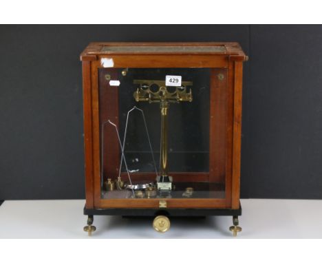 Set of Chemist / Laboratory Scales in a Mahogany and Glass Case, J W Towers &amp; Co Model 55, 40cm wide 