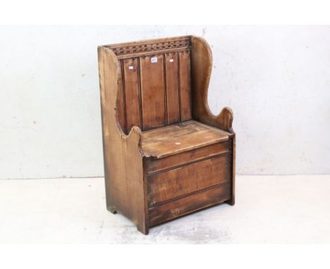 Small Oak Hall Box Settle or Bench with panel back and hinged seat, 61cm wide x 92cm high 