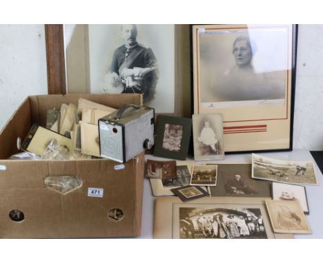 Box of Photographs including Military, Anzacs, WWI Portraits and a Large Photograph of an Officer plus an Unusual Silver Koda
