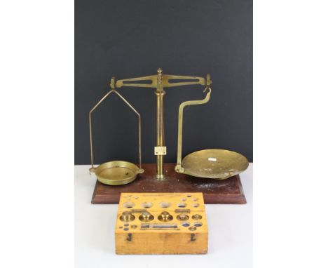 Set of Brass Balance Scales together with a Wooden Cased Part Set of Weights