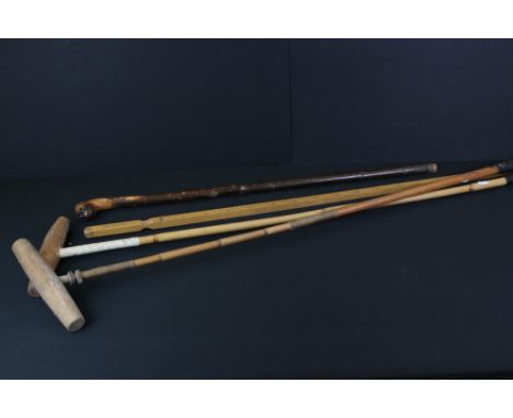 Walking Stick with the handle carved in the form of a Boxer Dog together with a Wooden Measuring Stick and Two Polo Sticks 