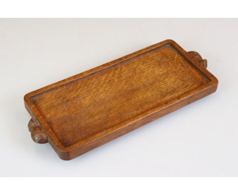 Robert ' Mouseman ' Thompson, Oak Cheese Tray carved with two mice to ends, 35.5cm long 