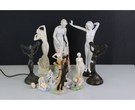 Collection of 12 ceramic and metal figures of nude females, to include Art Deco and classical style examples, featuring a cla