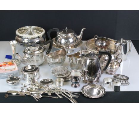 Mixed Lot of Silver Plate including Four Piece Tea Service, Teapot retailed by Harrods, loose cutlery, etc 